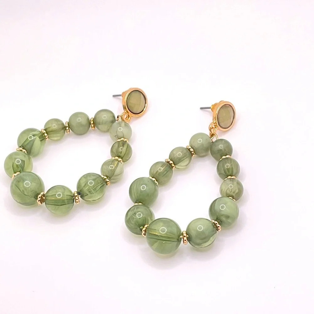 Green Stone Beaded Dangle Statement Post Earrings For Women